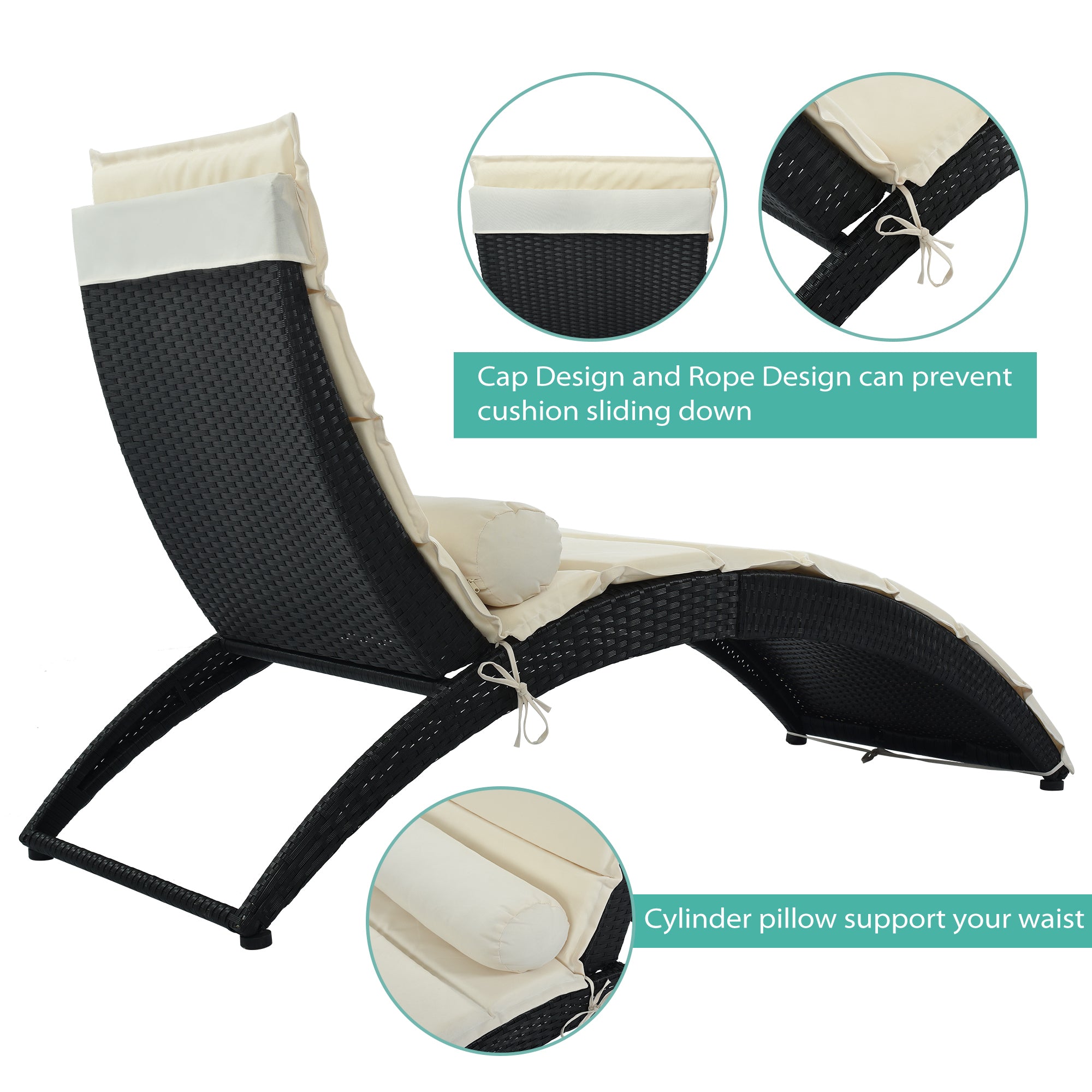 Patio Wicker Foldable Chaise Lounger with Removable Cushion and Bolster Pillow, Black Wicker and Beige Cushion
