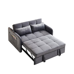 3 In 1 Velvet Sleeper Sofa Bed W/ Reclining Backrest, Toss Pillows, Pockets, Gray