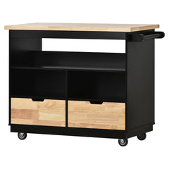 Rolling Mobile Kitchen Island with Solid Wood Top, 2 Drawers & Tableware Cabinet, Black