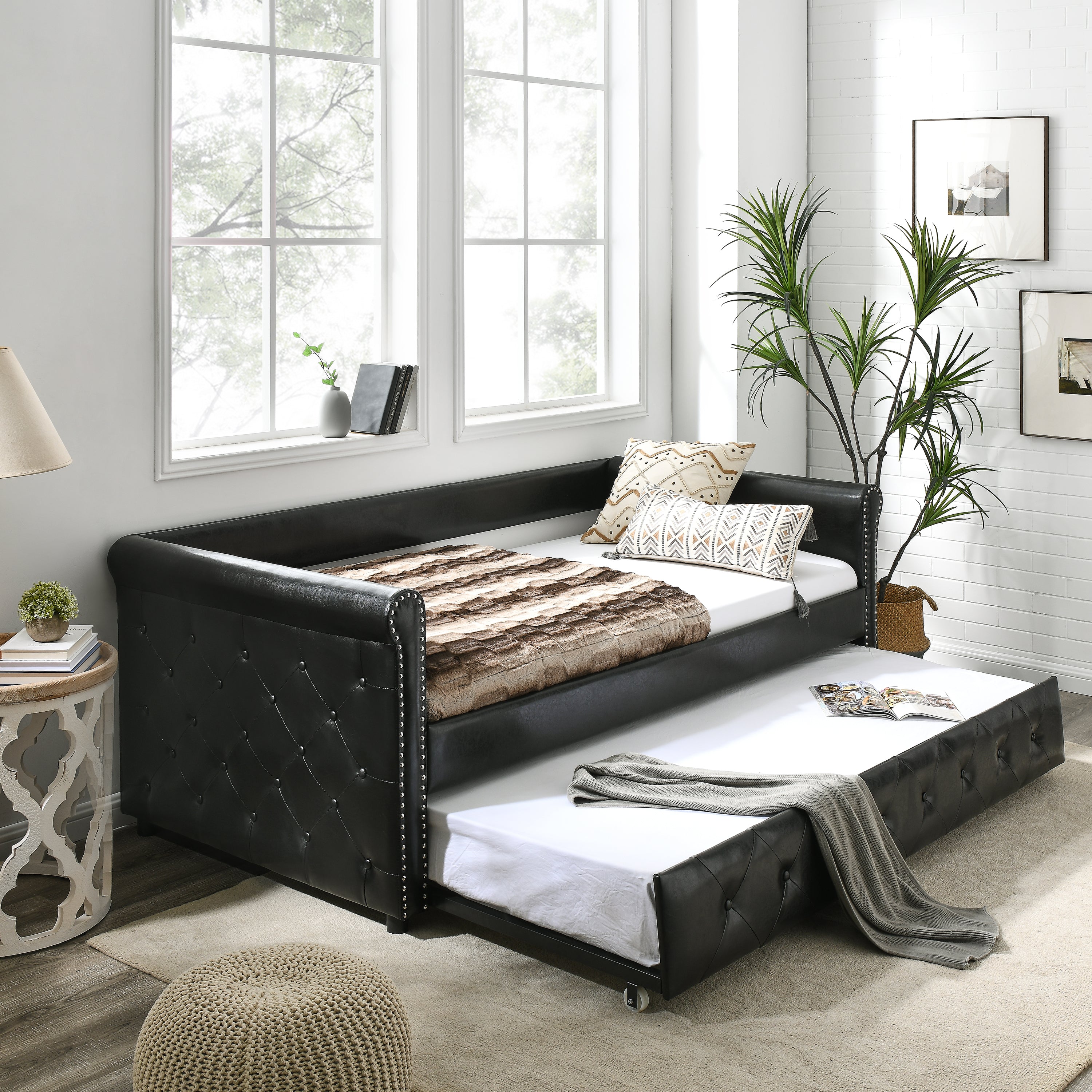 NOBLEMOOD Twin Size Daybed with Twin Size Trundle Upholstered Tufted Sofa Bed, Black PU Leather
