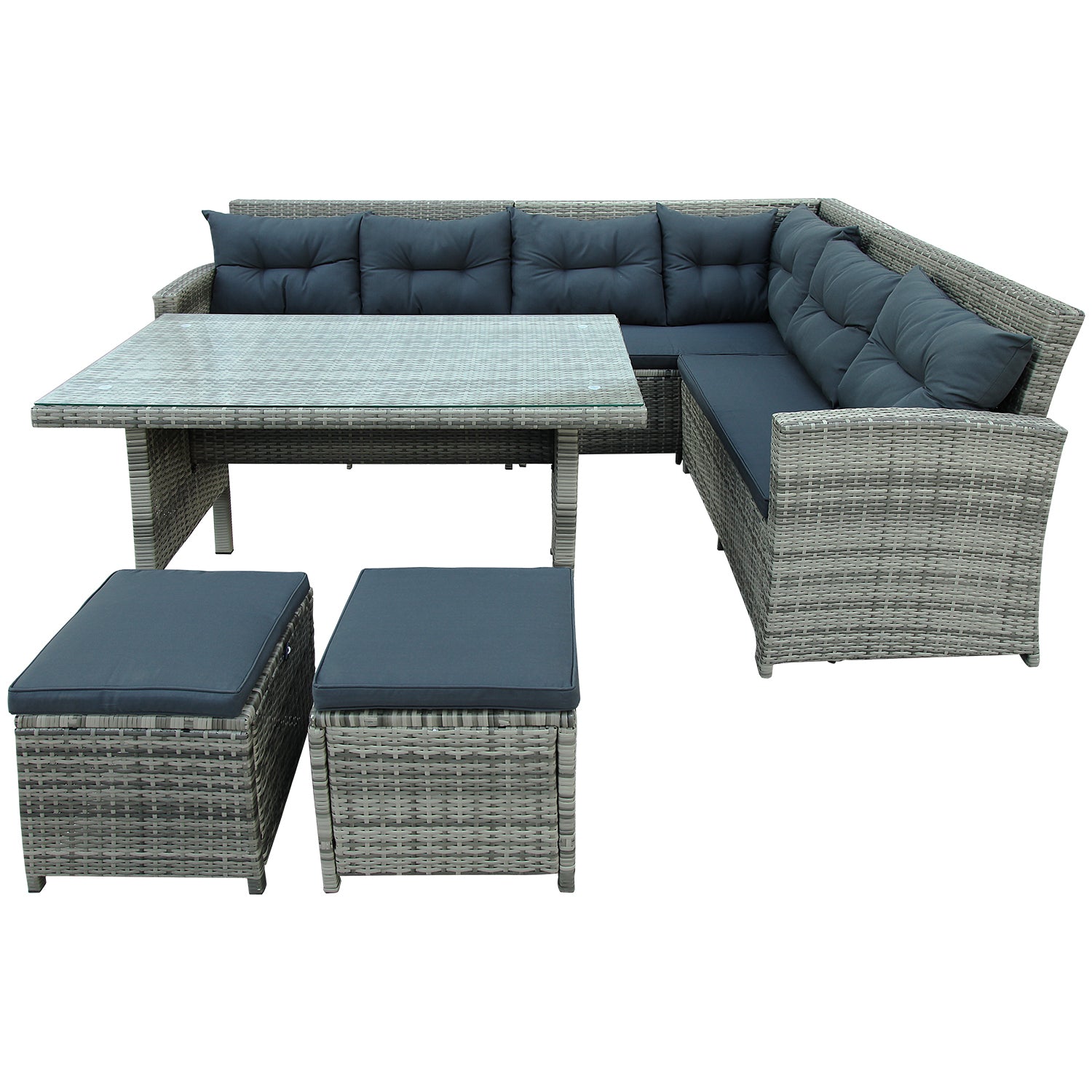6-Piece Outdoor Sectional Ding Set with Glass Table, Ottomans, Gray