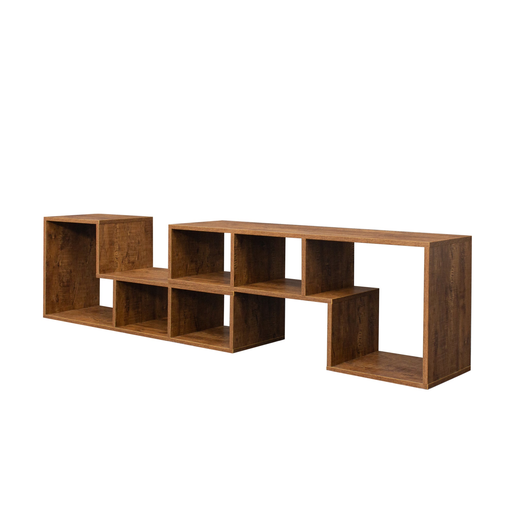 Double L-Shaped TV Stand with Display Shelf & Bookcase, Walnut