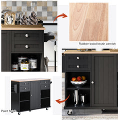 52.8" Width Kitchen Island Cart with Spice Rack, Towel Rack, Drawer, Rubber Wood Desktop & 5 Wheels Including 4 Lockable Wheels, Black