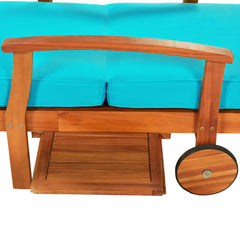 78.8" Outdoor Solid Wood Chaise Lounge Patio Reclining Daybed with Cushion, Wheels and Sliding Cup Table & Bule Cushion