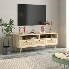 Rattan TV Stand with Solid Wood Feet & TV Console Table, Oak