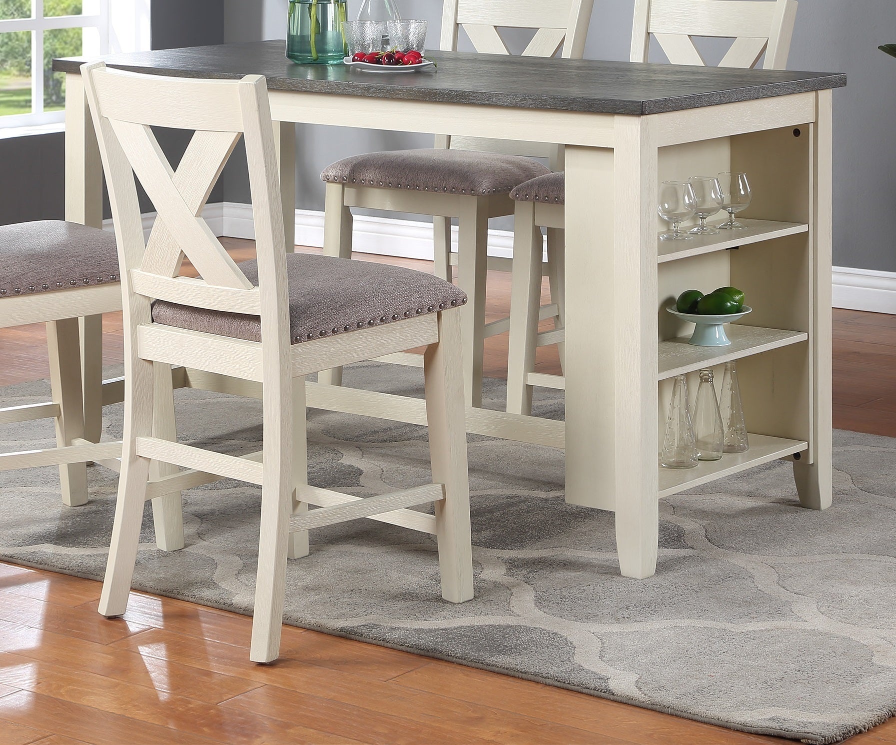 Modern Contemporary 5pc Counter Height High Dining Table wirh Storage Shelves, High Chairs & Stools, Off White
