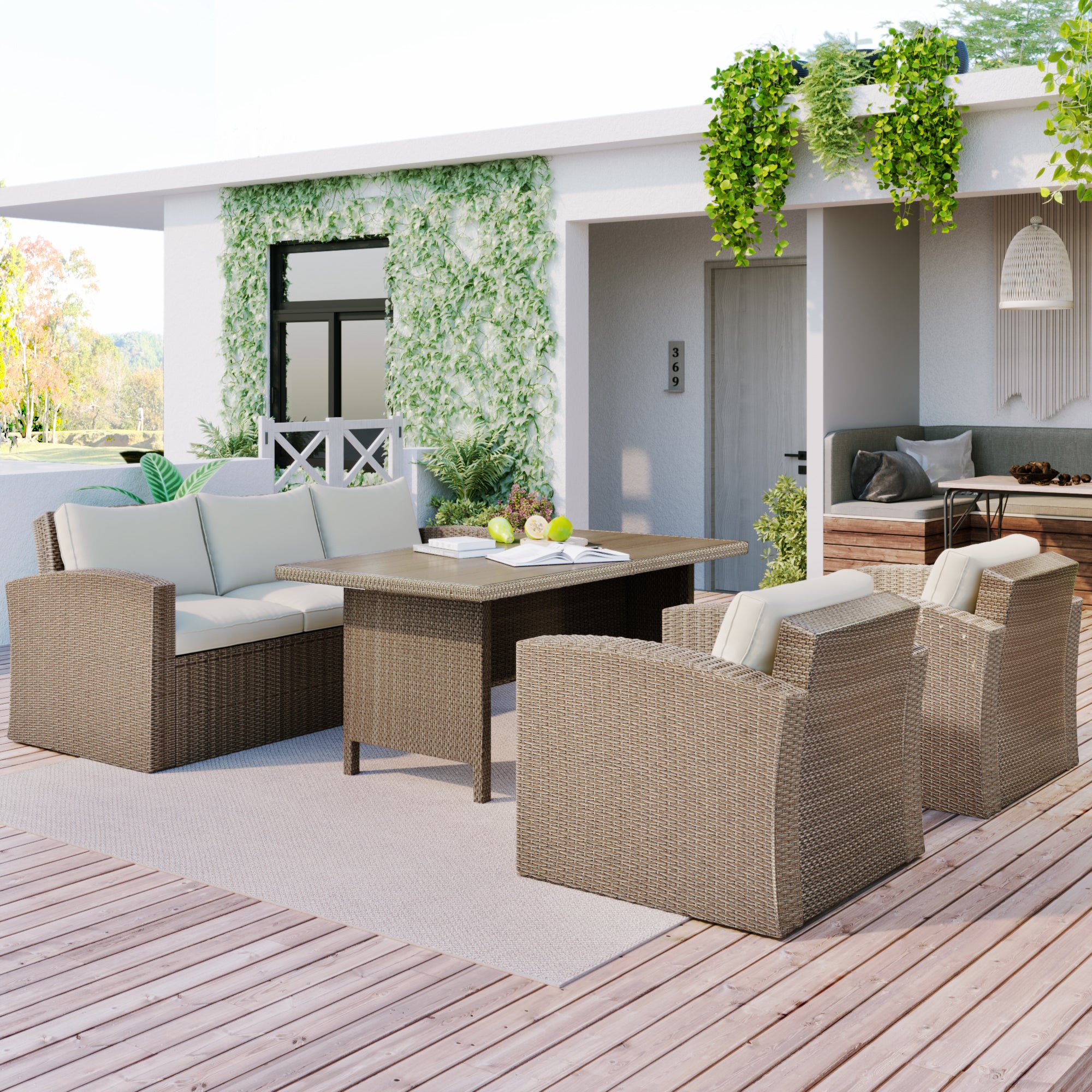 4-Piece Outdoor Conversation Set Wicker Furniture Sofa Set with Beige Cushions