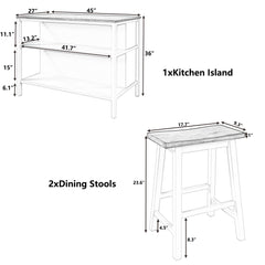 3-Piece 45" Stationary Solid Wood Rustic Kitchen Island Set with 2 Seatings & 2 Open Shelves, Natural+Gray