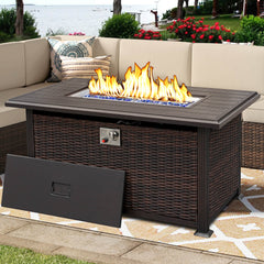 48'' Propane Gas Fire Pit Table 50000 BTU Auto-Ignition W/ Aluminium Tabletop, Metal Lid, Glass Beads & Waterproof Fabric Cover, Brown