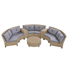 6-Person Half-Round Rattan Outdoor Sectional Sofa with Cushions and Table