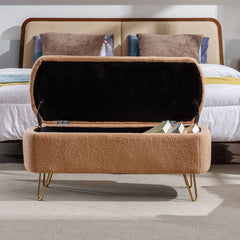 NOBLEMOOD Storage Ottoman Bench for End of Bed, Modern Camel Faux Fur Entryway Bench with Storage for Living Room Bedroom