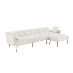 cream white Velvet Upholstered Reversible Sectional Sofa Bed , L-Shaped Couch with Movable Ottoman For Living Room.