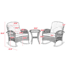 3 Pcs Patio Wicker Rocking Chair Set With Coffee Table and Cushions