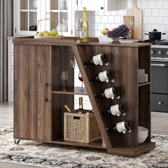 Kitchen Island Cart on Wheels with Adjustable Shelf & 5 Wine Holders, Brown