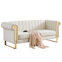 83" Modern Velvet Upholstered Sofa Couch with Gold Stainless Steel Legs, Beige