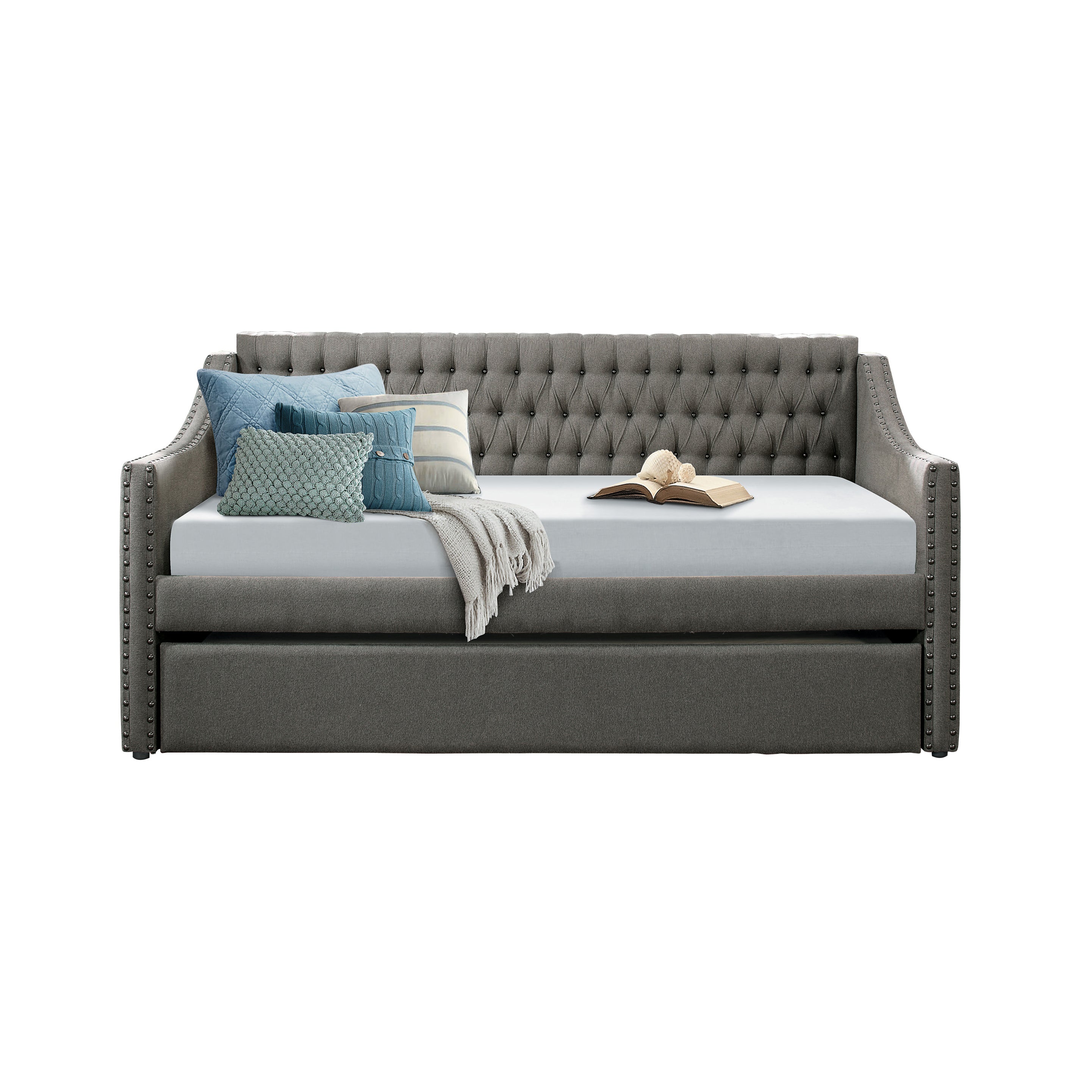 NOBLEMOOD Upholstered Sofa Daybed with Trundle Button-Tufted Nailhead Trim, Dark Gray