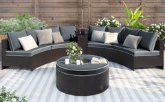 6 Pieces Outdoor Sectional Half Round Rattan Sofa Set w/ 1 Storage Side Table for Umbrella and 1 Multifunctional Round Table, Brown+ Gray