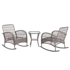 3 Pcs Patio Wicker Rocking Chair Set With Coffee Table and Cushions