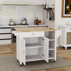 Kitchen Island with Lockable Wheels, Towel Rack, Storage Drawer & 3 Open Shelves, White