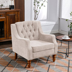 NOBLEMOOD Accent Chair with Vintage Brass Studs and Wood Legs, Button Tufted Upholstered Armchair, Beige