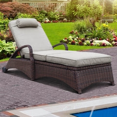 Patio Chaise Lounge Chairs w/ 6 Reclining Positions, 2 Wheels & 1 Small Pillow, Light Gray Cushion