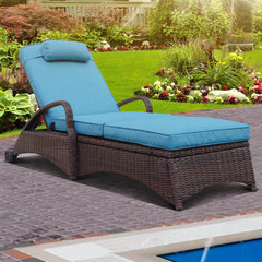 Patio Chaise Lounge Chairs w/ 6 Reclining Positions, 2 Wheels & 1 Small Pillow, Blue Cushion