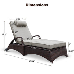 Patio Chaise Lounge Chairs w/ 6 Reclining Positions, 2 Wheels & 1 Small Pillow, Light Gray Cushion