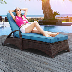 Patio Chaise Lounge Chairs w/ 6 Reclining Positions, 2 Wheels & 1 Small Pillow, Blue Cushion