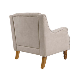 NOBLEMOOD Accent Chair with Vintage Brass Studs and Wood Legs, Button Tufted Upholstered Armchair, Beige