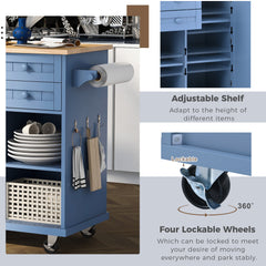 52.8" Width Kitchen Island Cart with Spice Rack, Towel Rack, Drawer, Rubber Wood Desktop & 5 Wheels Including 4 Lockable Wheels, Blue