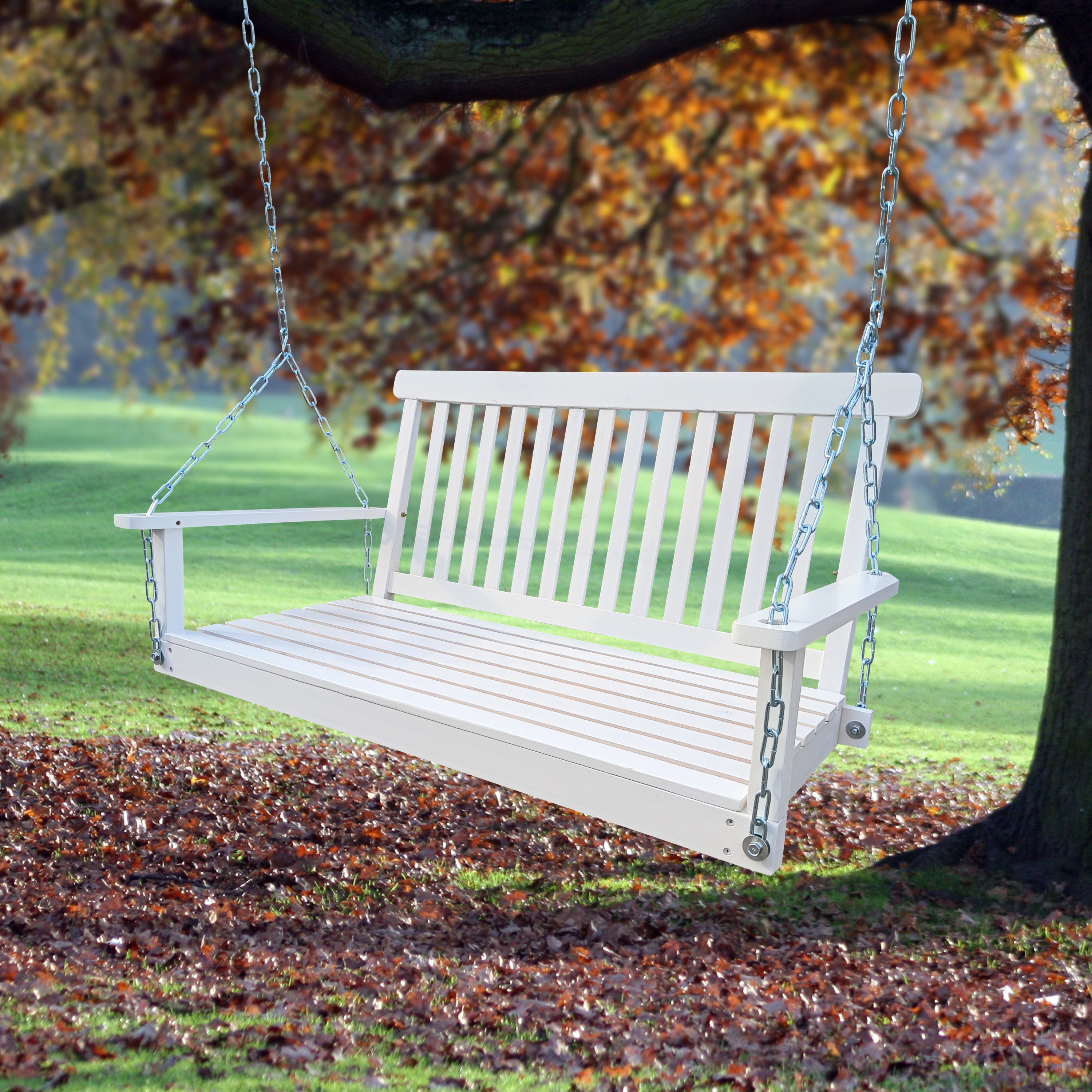 Hanging Porch Swing Wood Swing Bench with Hanging Chains, White – NOBLEMOOD