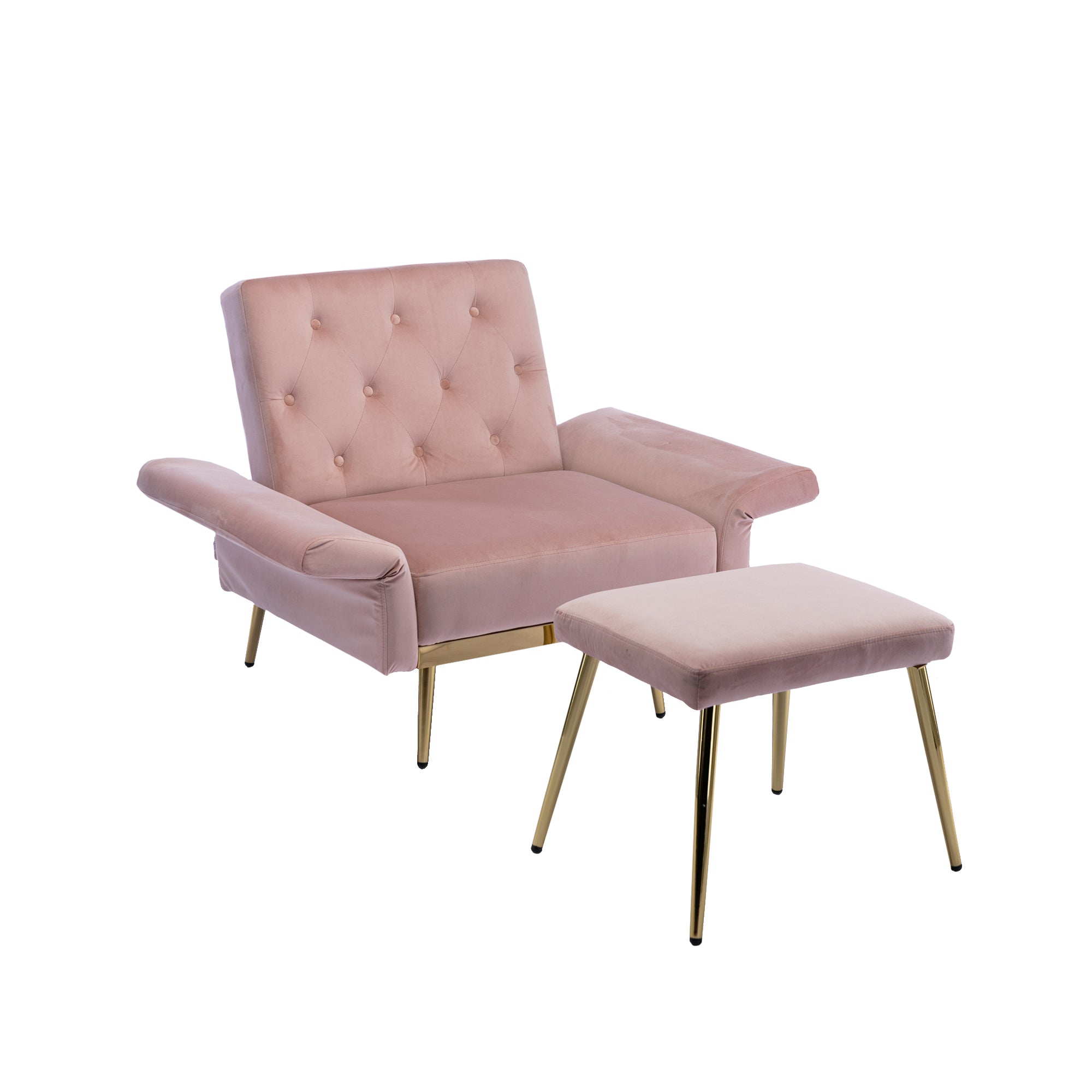 NOBLEMOOD Velvet Accent Chair with Adjustable Armrests and Backrest, Button Tufted Lounge Chair, Pink