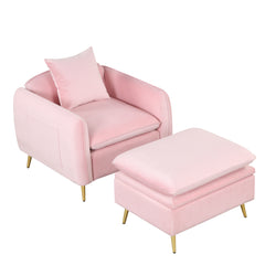 NOBLEMOOD 35.2" Modern Accent Chair with Metal Legs, Single Sofa Chair with Ottoman Footrest & Pillow for Boys Girls Adults Living Room Bedroom Office Small Spaces Apartment, Saving Space, Pink