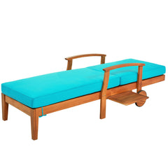 78.8" Outdoor Solid Wood Chaise Lounge Patio Reclining Daybed with Cushion, Wheels and Sliding Cup Table & Bule Cushion