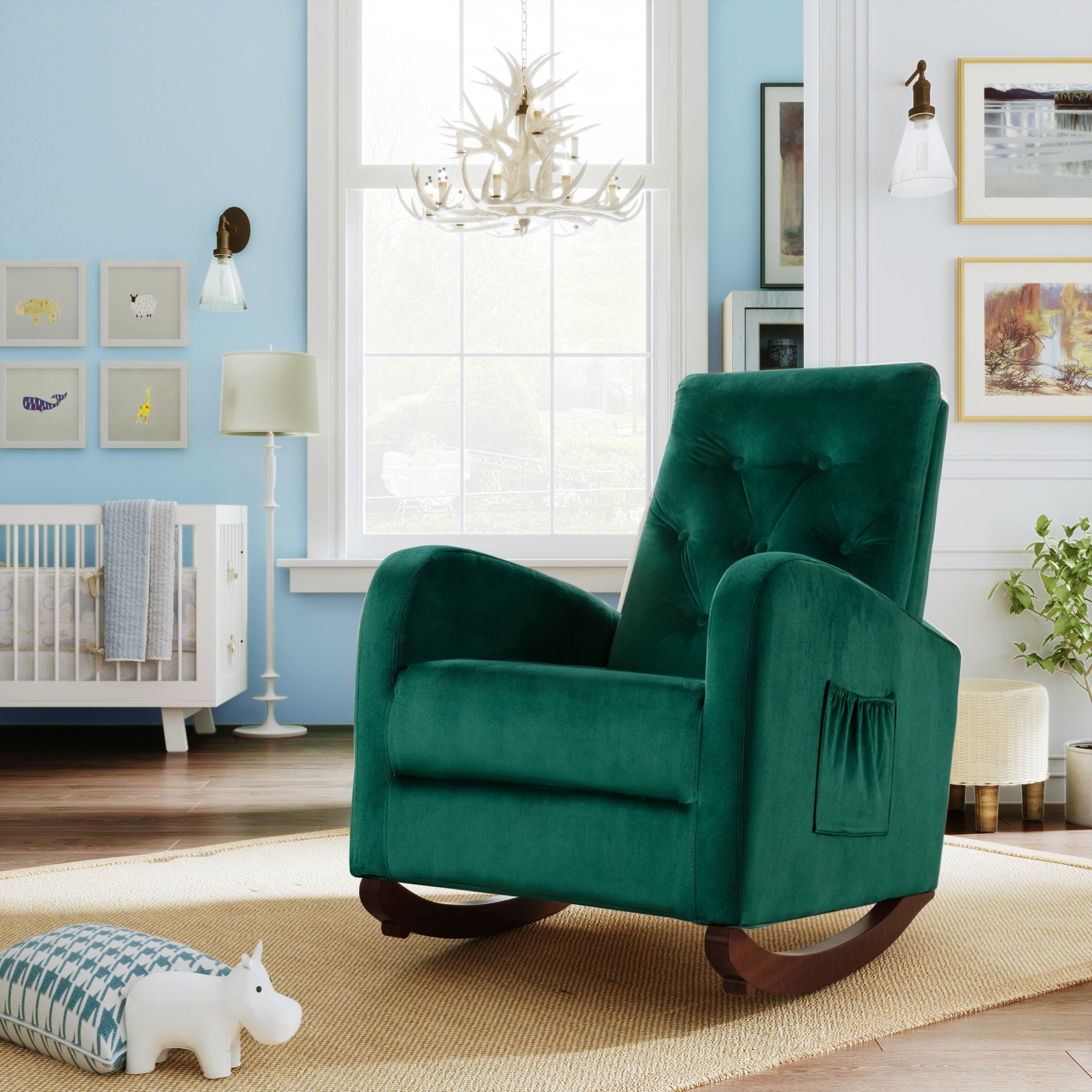 High Back Rocking Chair Nursery Chair with Thick Padded Seat & Side Pockets, Green