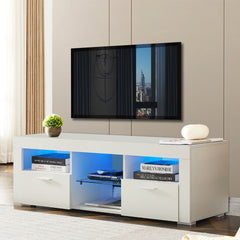 Modern TV Stand with LED Lights & High Glossy Front, White