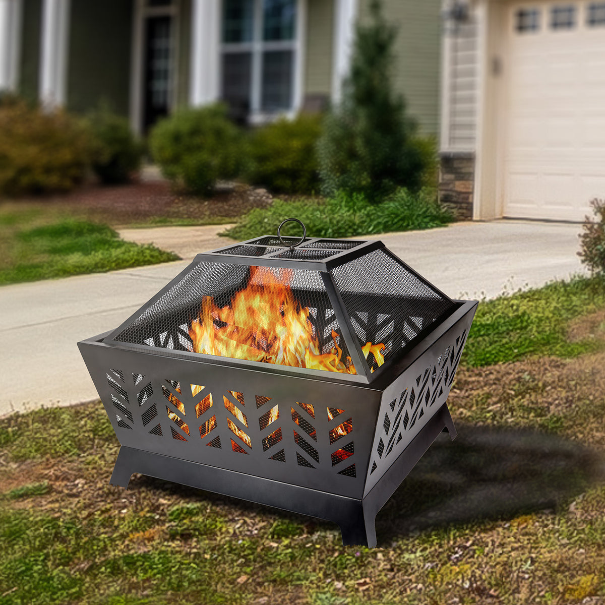 Outdoor Iron Wood-Burning Fire Pit with Mesh Cover