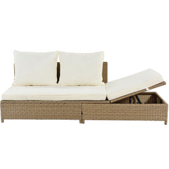 3-Piece Patio Rattan Sofa Set with Adjustable Chaise Lounge and Tempered Glass Table, Natural Brown+ Beige Cushion