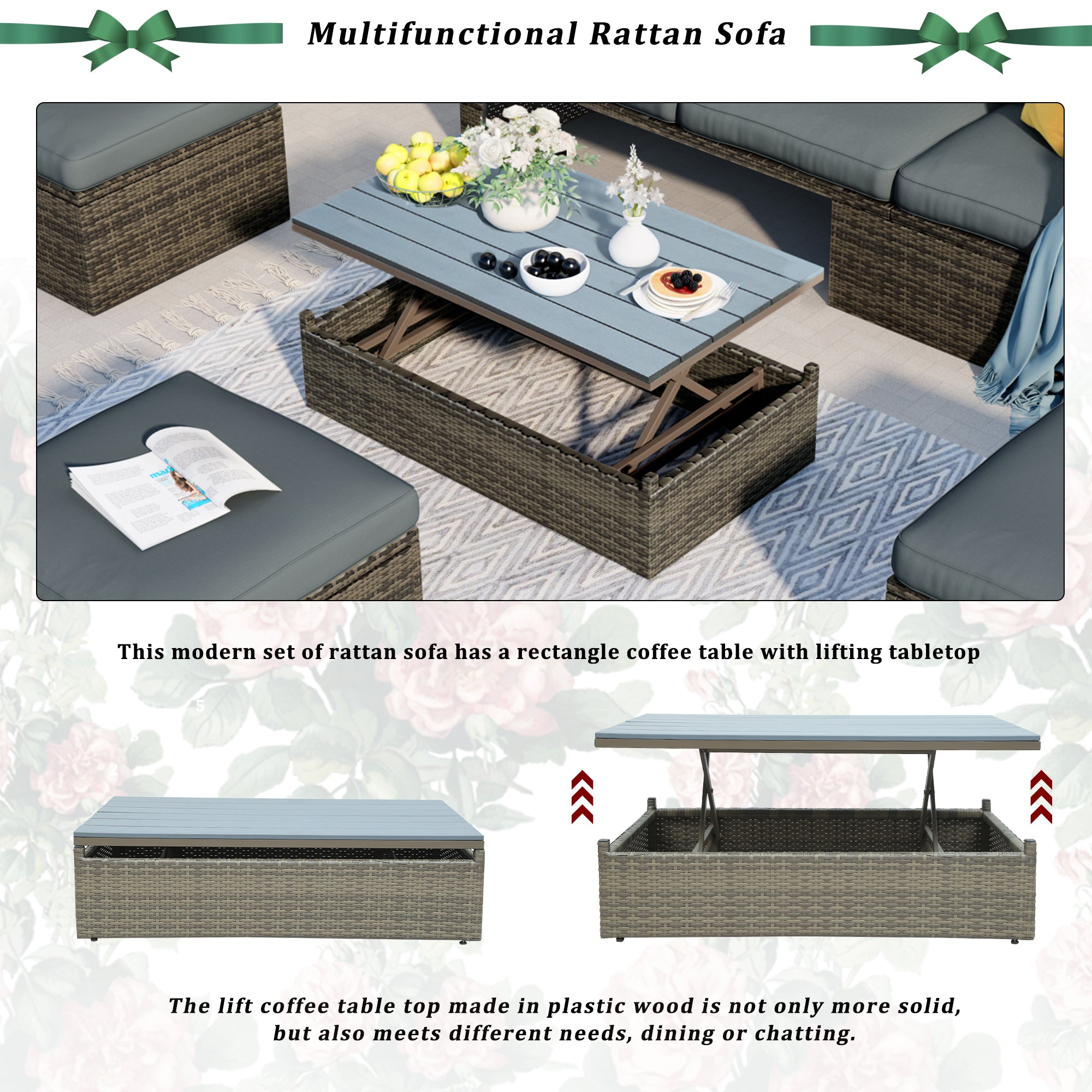 5-Piece Patio Sectional Sofa with Adustable Backrest, Cushions, Ottomans and Lift Top Coffee Table
