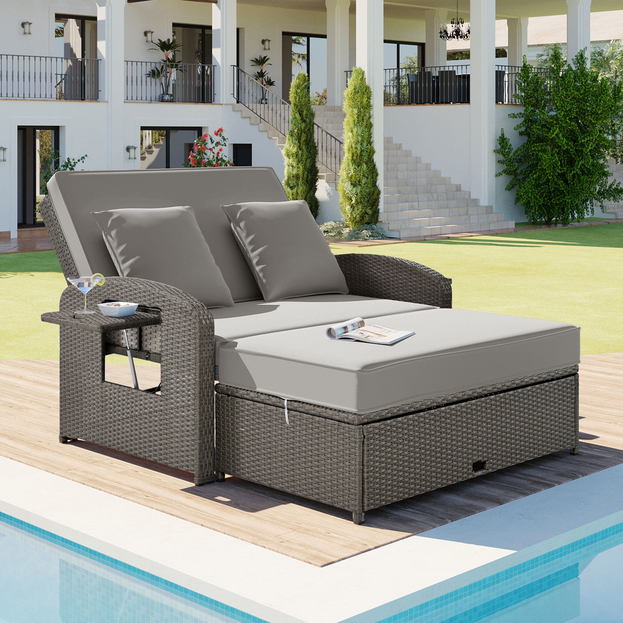 2-Person Patio Wicker Chaise Lounge Reclining Daybed with Adjustable Back, Cushions & Protection Cover,Gray