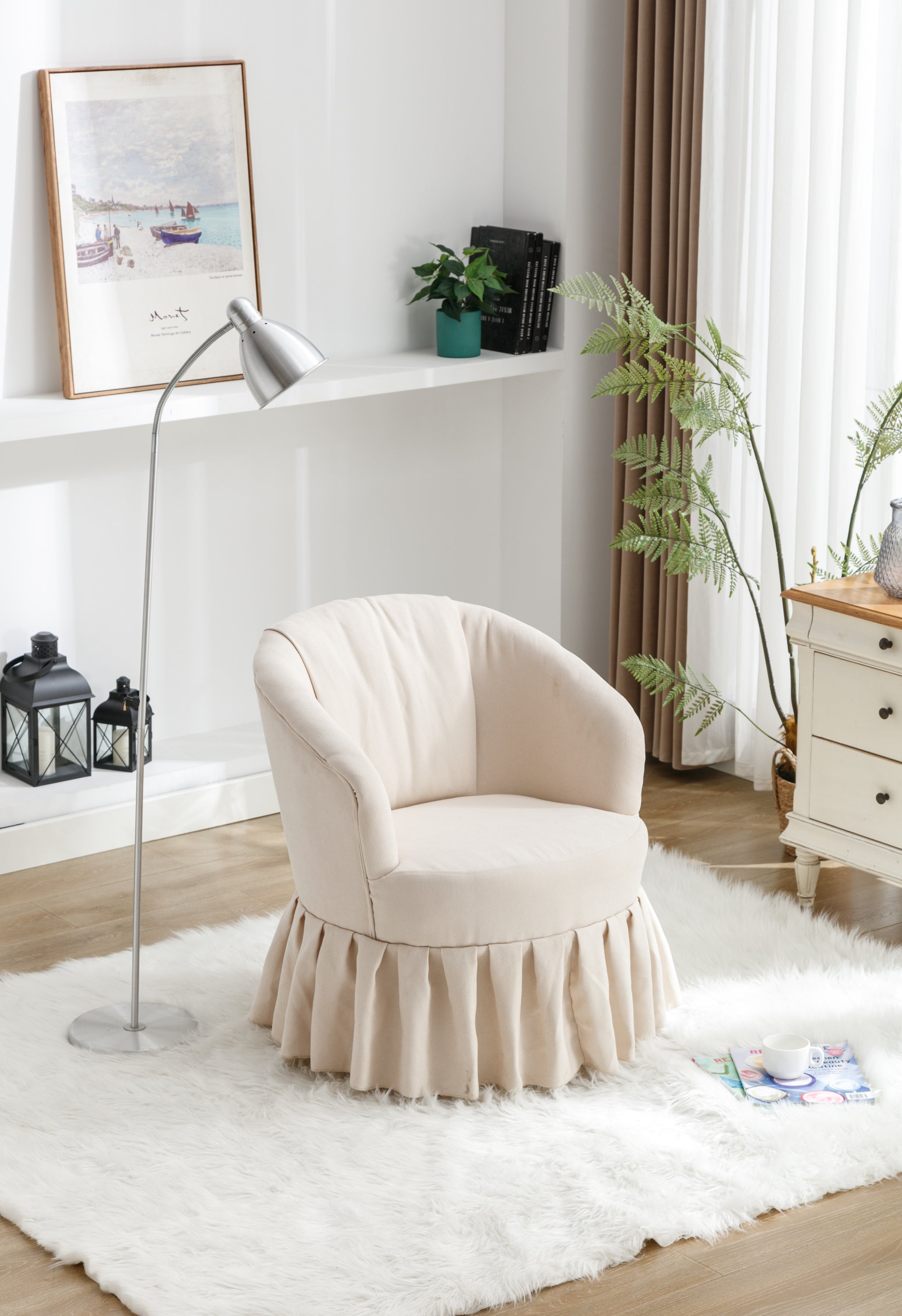 Linen Fabric Accent Swivel Chair Auditorium Chair With Pleated Skirt For Living Room Bedroom Auditorium,Beige