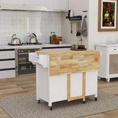 Kitchen Island with Lockable Wheels, Towel Rack, Storage Drawer & 3 Open Shelves, White