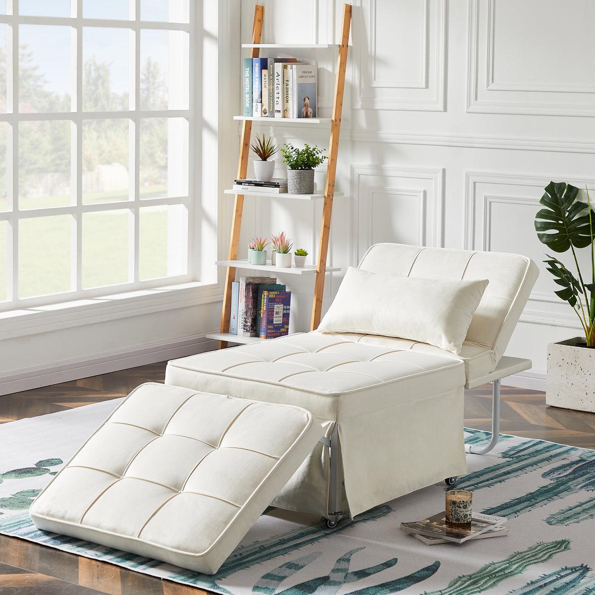 4 in 1 Folding Sleeper Sofa Bed w/ Adjustable Backrest & Pillow, No Armrest, Beige