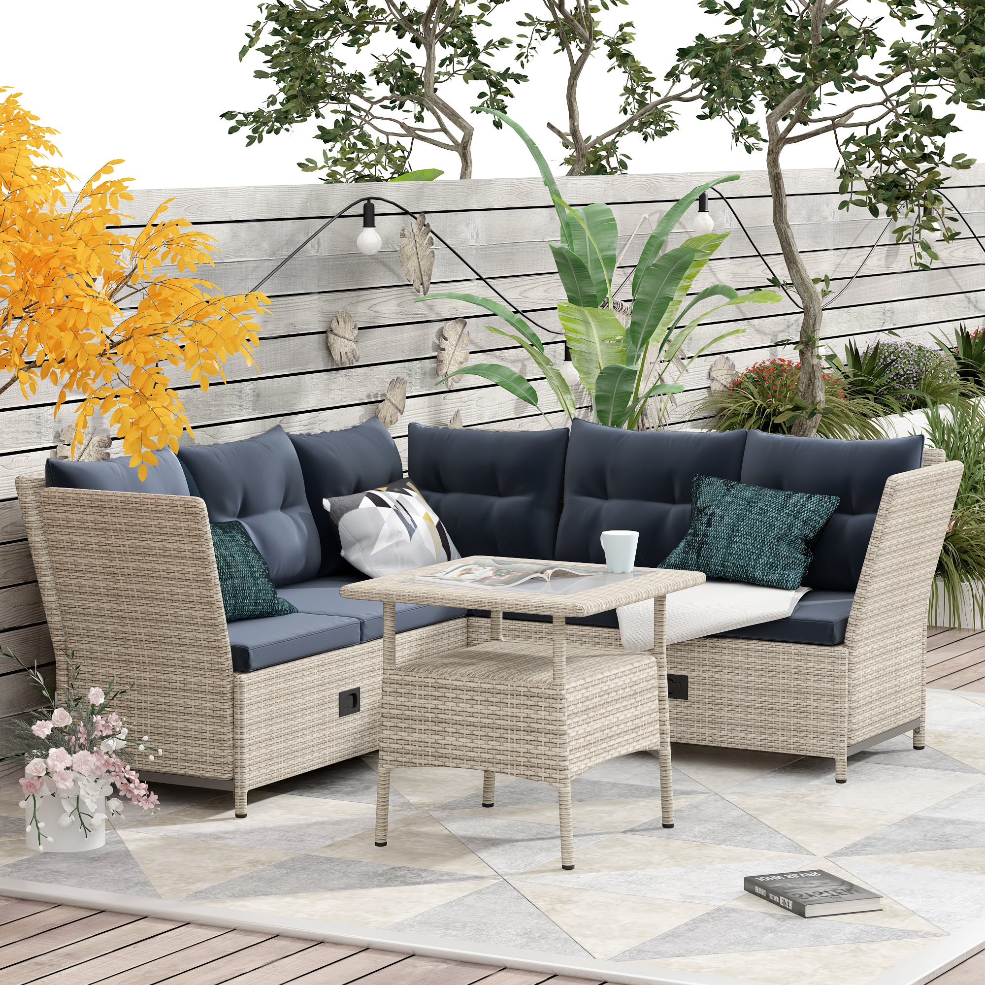 4-Piece Outdoor Wicker Sofa Set with Adjustable Backs and Table, Gray