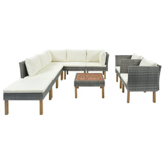 9-Piece Outdoor Gray Rattan Sofa Set with Wood Legs, Acacia Wood Tabletop, Armrest Chairs with Beige Cushions