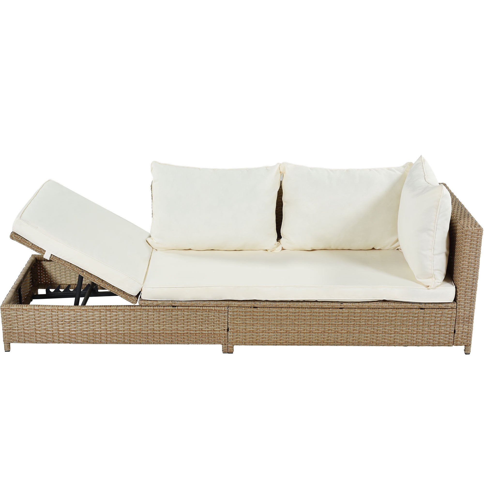 3-Piece Patio Rattan Sofa Set with Adjustable Chaise Lounge and Tempered Glass Table, Natural Brown+ Beige Cushion