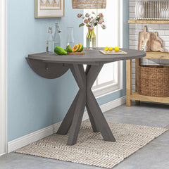 Rustic Farmhouse 5-Piece Wood Round Dining Table Set with Drop Leaf & 4 Padded Dining Chairs, Gray