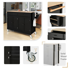 54.3" Kitchen Island Cart with Solid Wood Top, Locking Wheels, 4 Door Cabinets, Two Drawers, Spice Rack & Towel Rack, Black