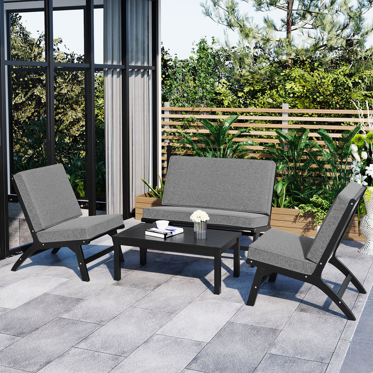 4-Piece V-shaped Chair set, Acacia Solid Wood Outdoor Sofa, Black And Gray
