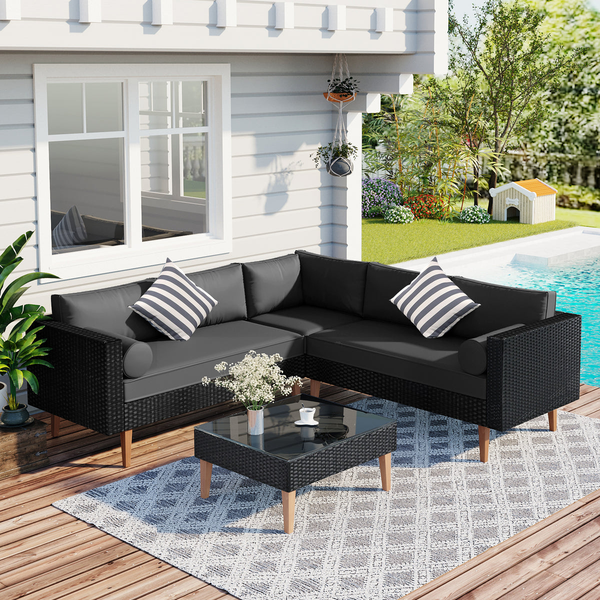 4 Pieces Outdoor Wicker Sofa Set with Cushions, 2 Throw Pillows, 2 Round Pillows